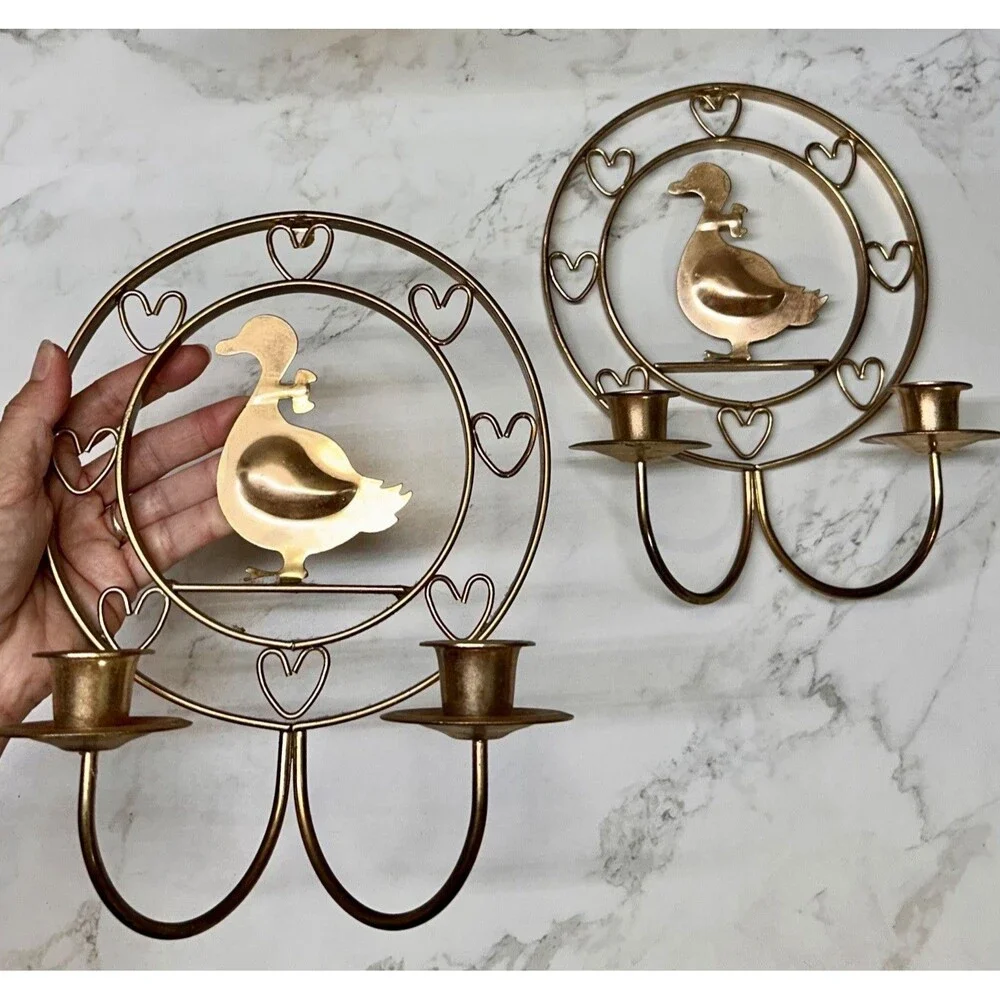 Set of TWO- Vintage Goose Heart Wall Sconces Double Cup 2-Candle Holders